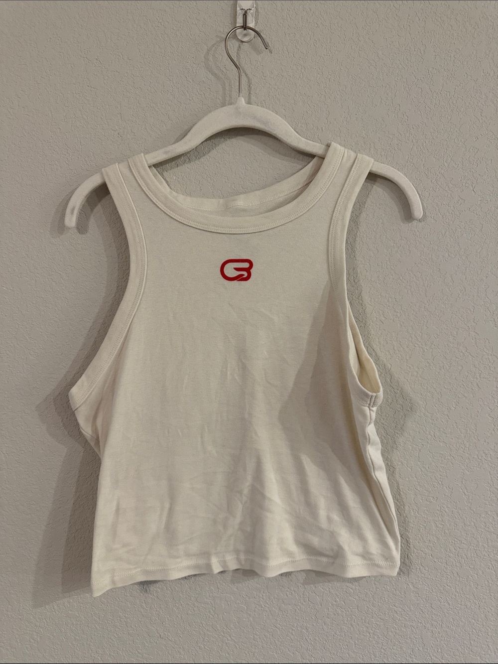 Cyclebar Cream Crop Tank with Red Logo
